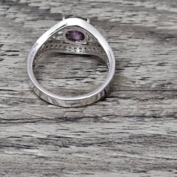Lab Created New Round Faceted Mystic Topaz CZ Halo Silver Tone Accent Ring - Picture 6 of 8
